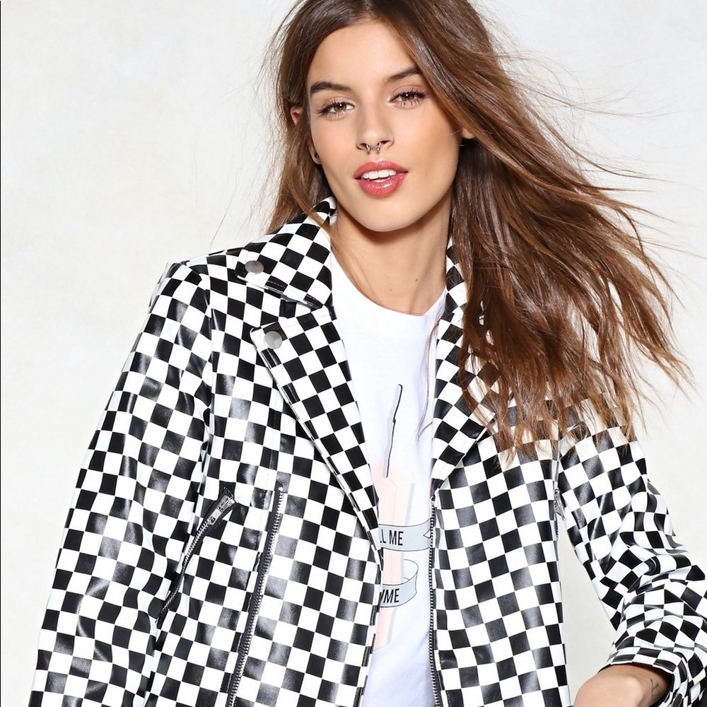 Checkered Faux Leather Moto Jacket size 4 (S)